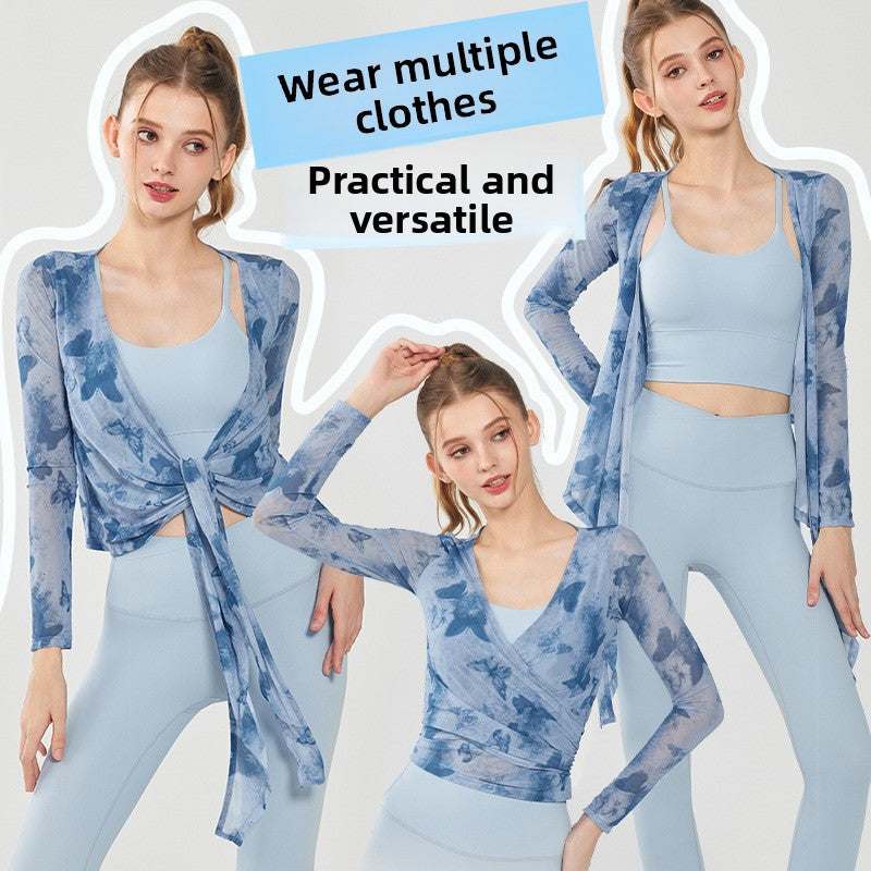 Butterfly Print Breathable Mesh Yoga Top Lotus Rain
