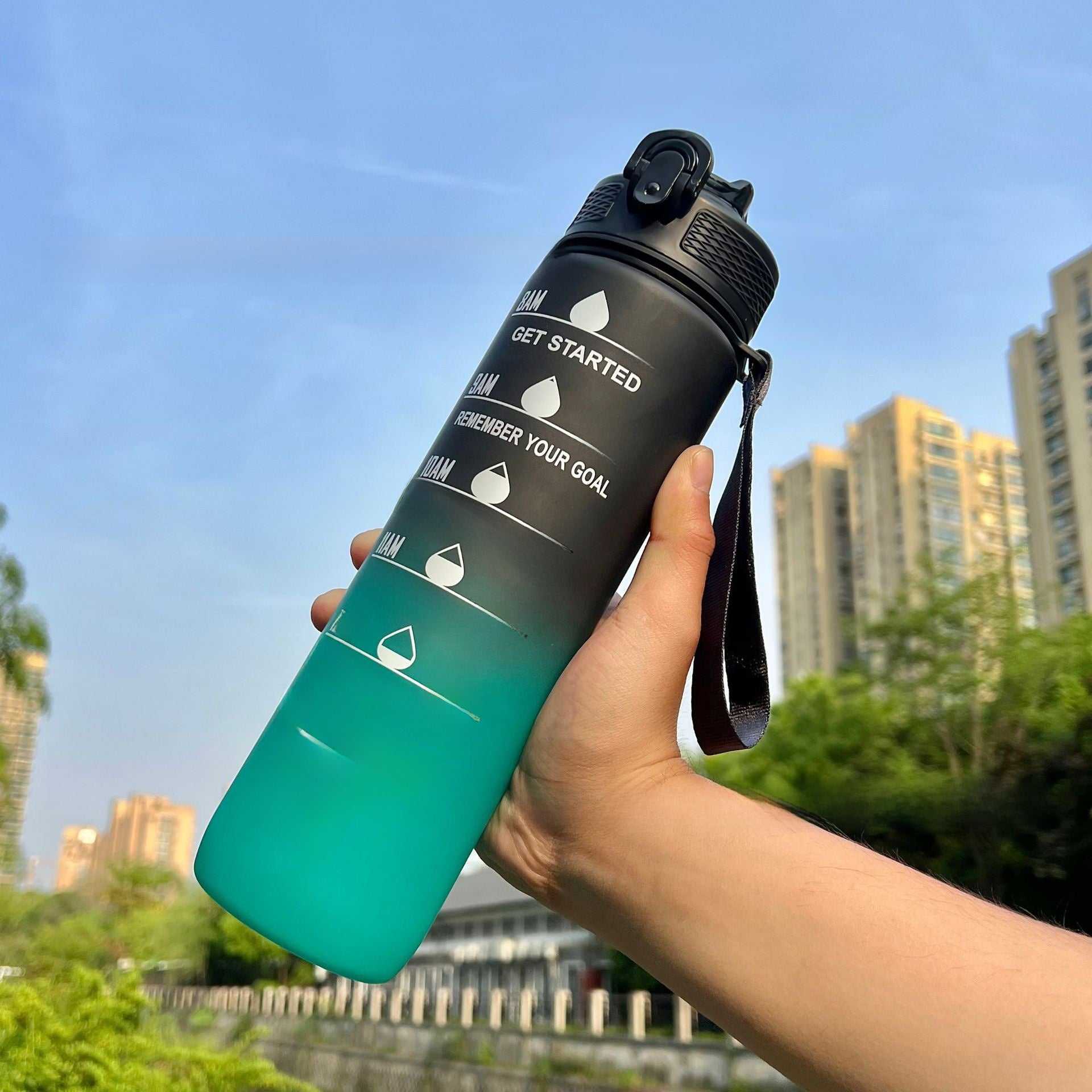 Gradient Water Bottle with Straw and Carry Strap Lotus Rain