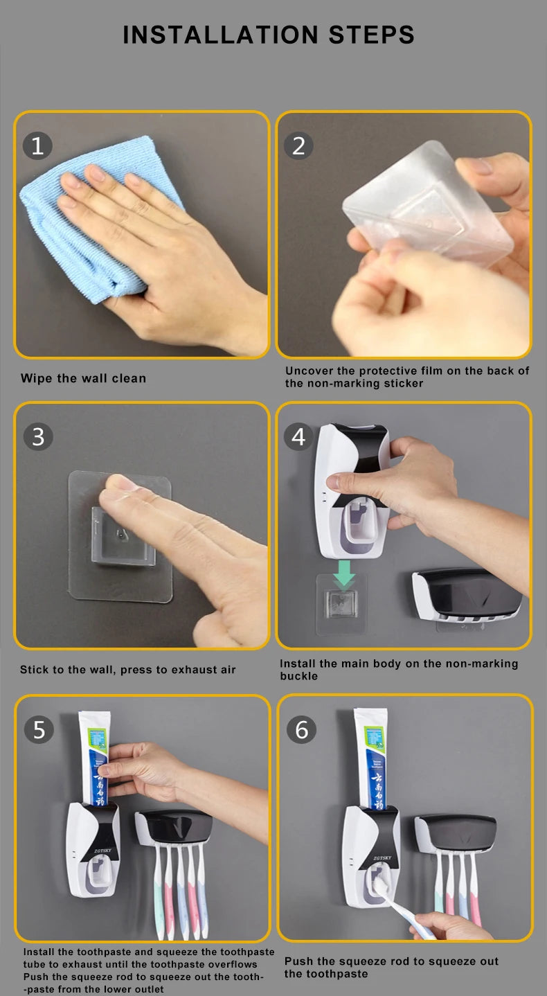 Automatic Toothpaste Dispenser Wall Mount Dust-proof Toothbrush Holder Wall Mount Storage Rack Bathroom Accessories Set Squeezer