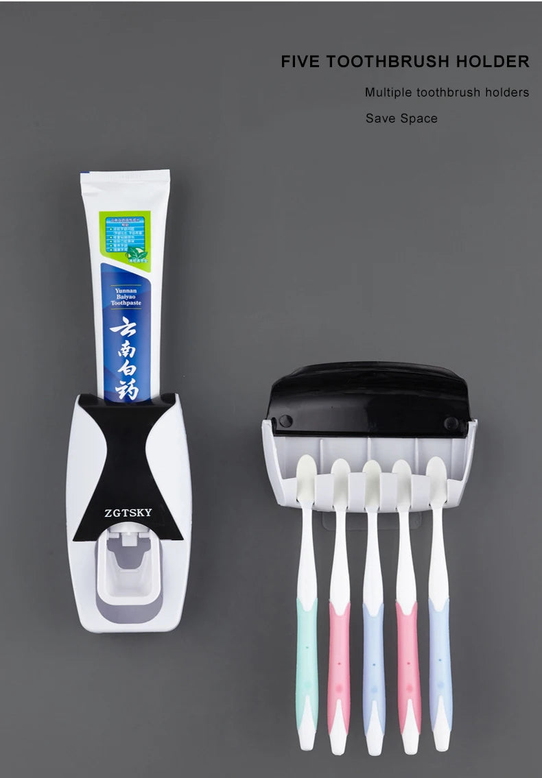 Automatic Toothpaste Dispenser Wall Mount Dust-proof Toothbrush Holder Wall Mount Storage Rack Bathroom Accessories Set Squeezer