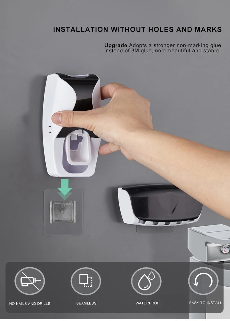 Automatic Toothpaste Dispenser Wall Mount Dust-proof Toothbrush Holder Wall Mount Storage Rack Bathroom Accessories Set Squeezer