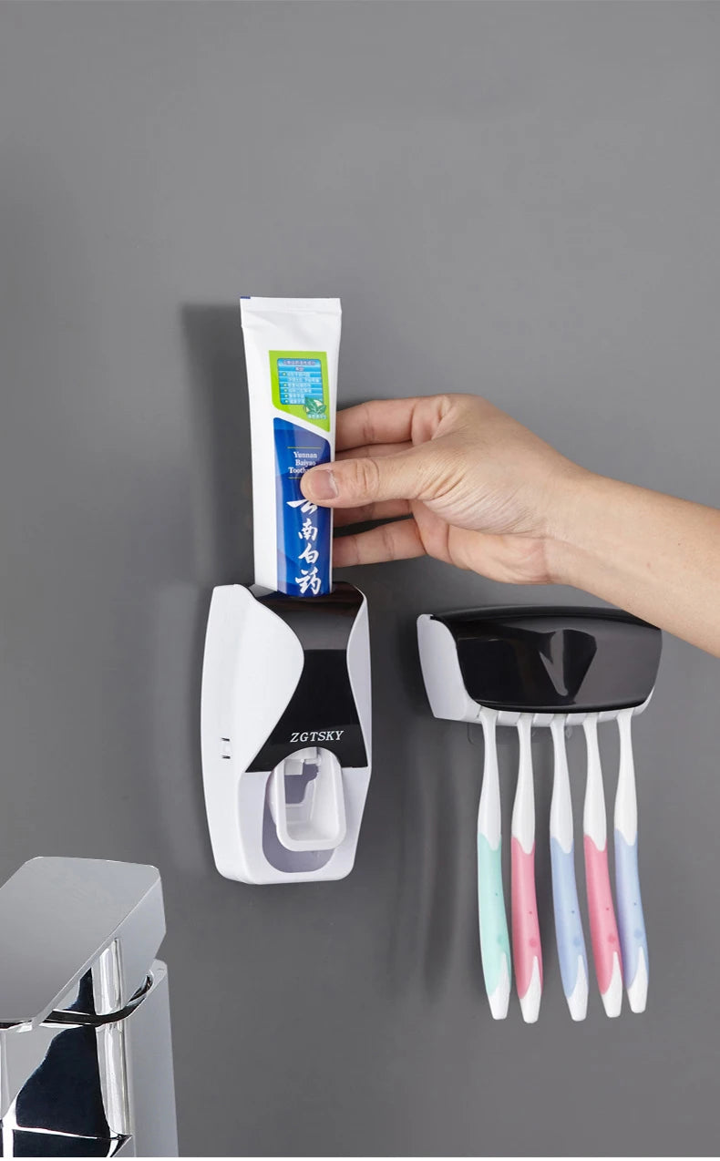 Automatic Toothpaste Dispenser Wall Mount Dust-proof Toothbrush Holder Wall Mount Storage Rack Bathroom Accessories Set Squeezer