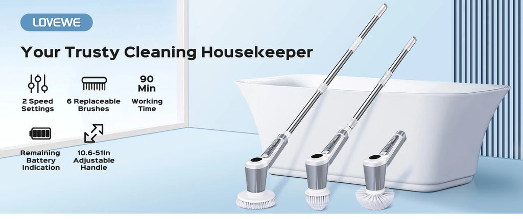 Electric Spin Scrubber, Cordless 4500mAh with Spray, Adjustable Handle, 6 Brush Heads, 2 Speeds, for Bathroom Cleaning
