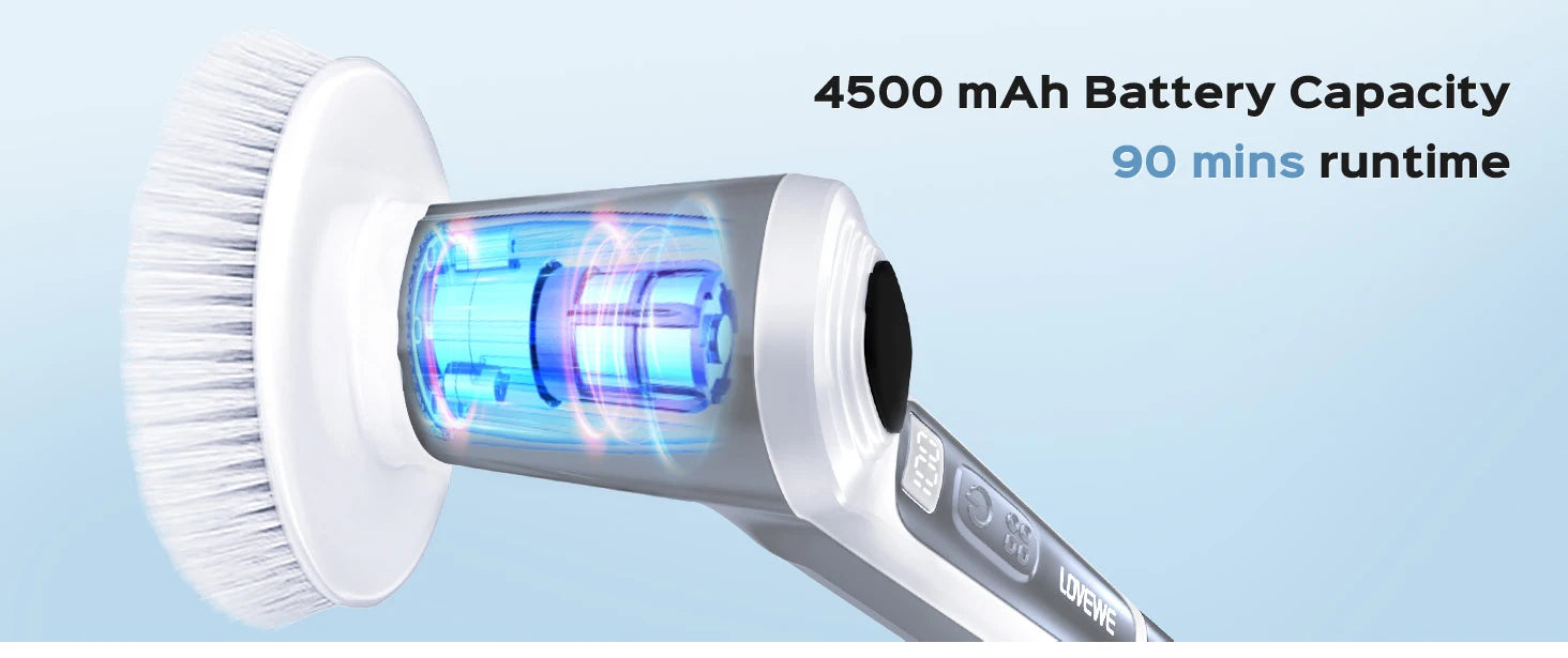 Electric Spin Scrubber, Cordless 4500mAh with Spray, Adjustable Handle, 6 Brush Heads, 2 Speeds, for Bathroom Cleaning