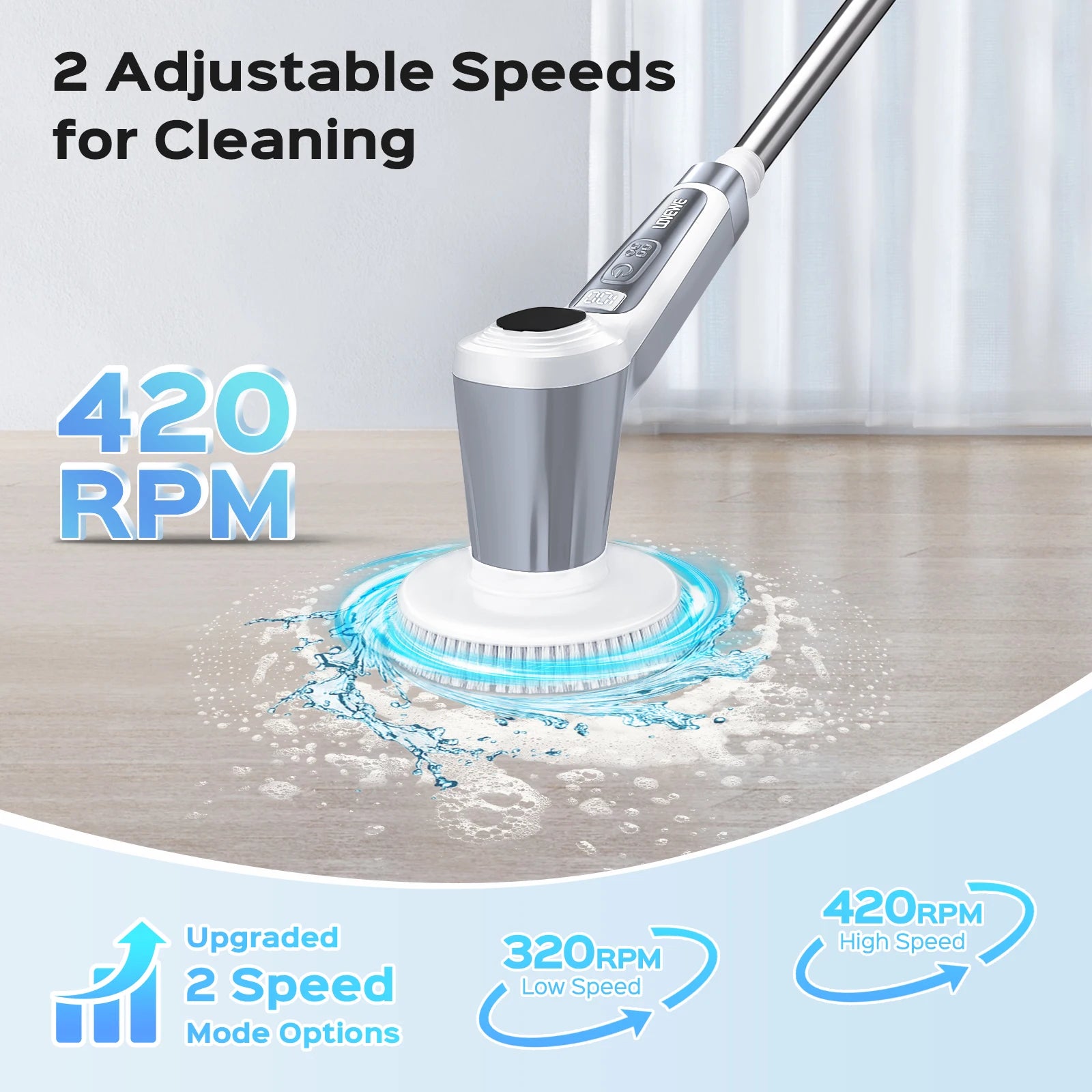 Electric Spin Scrubber, Cordless 4500mAh with Spray, Adjustable Handle, 6 Brush Heads, 2 Speeds, for Bathroom Cleaning