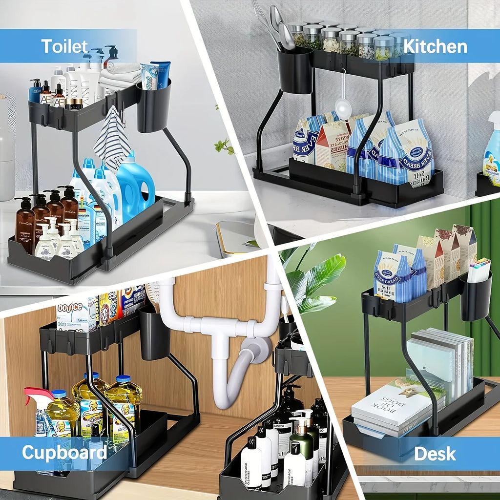Under Sink Organizer Space Saving 2 Tier Pull Out Storage Box Durable Large Capacity Kitchen Bathroom Essential Drawer Organizer