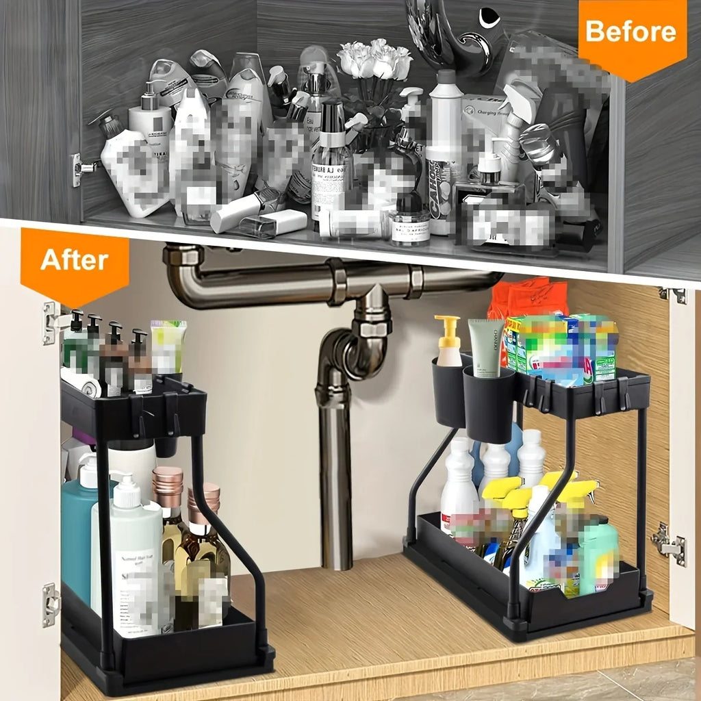 Under Sink Organizer Space Saving 2 Tier Pull Out Storage Box Durable Large Capacity Kitchen Bathroom Essential Drawer Organizer