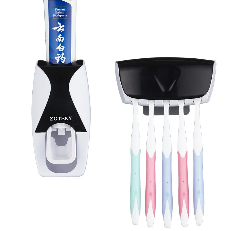 Automatic Toothpaste Dispenser Wall Mount Dust-proof Toothbrush Holder Wall Mount Storage Rack Bathroom Accessories Set Squeezer