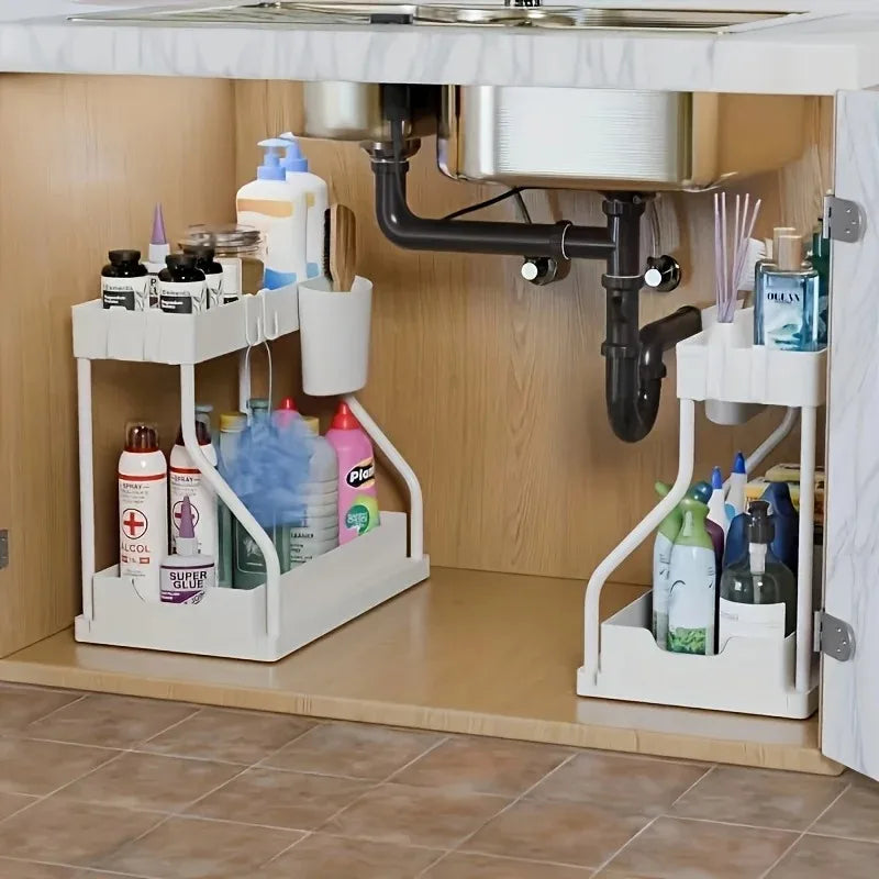 Under Sink Organizer Space Saving 2 Tier Pull Out Storage Box Durable Large Capacity Kitchen Bathroom Essential Drawer Organizer