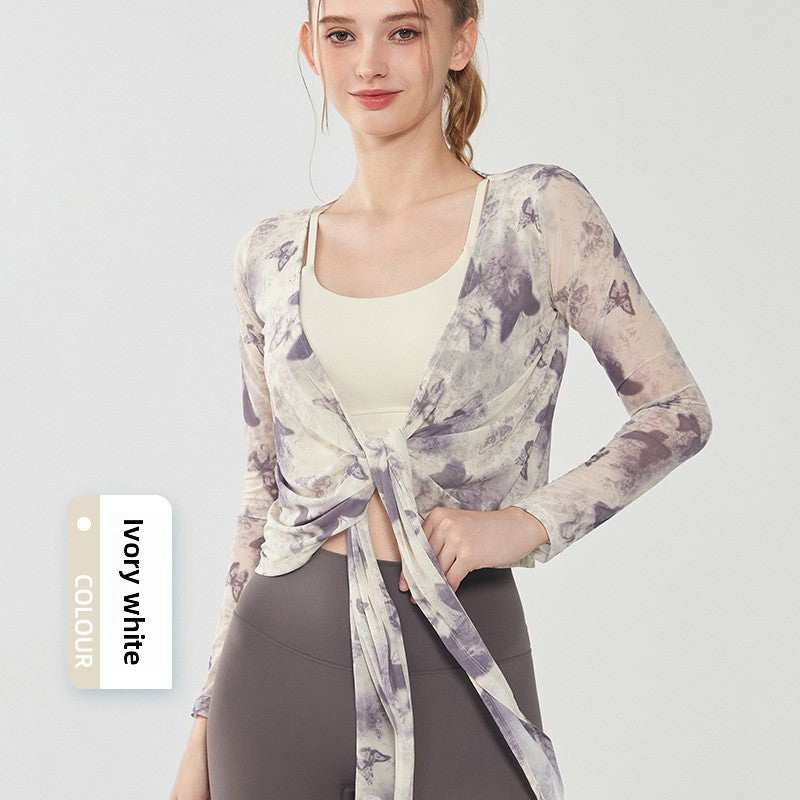 Butterfly Print Breathable Mesh Yoga Top Lotus Rain