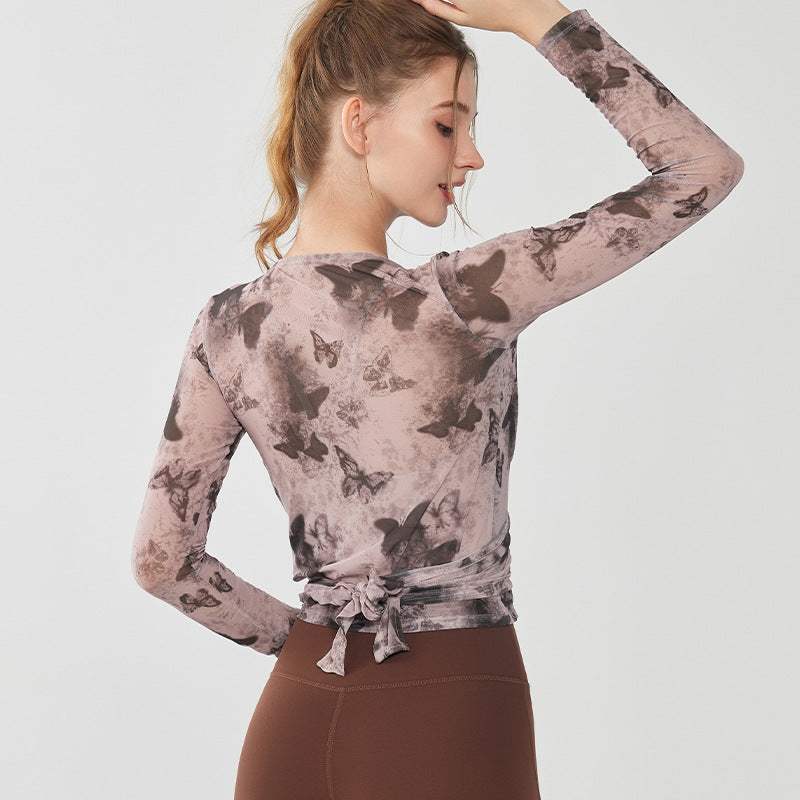 Butterfly Print Breathable Mesh Yoga Top Lotus Rain
