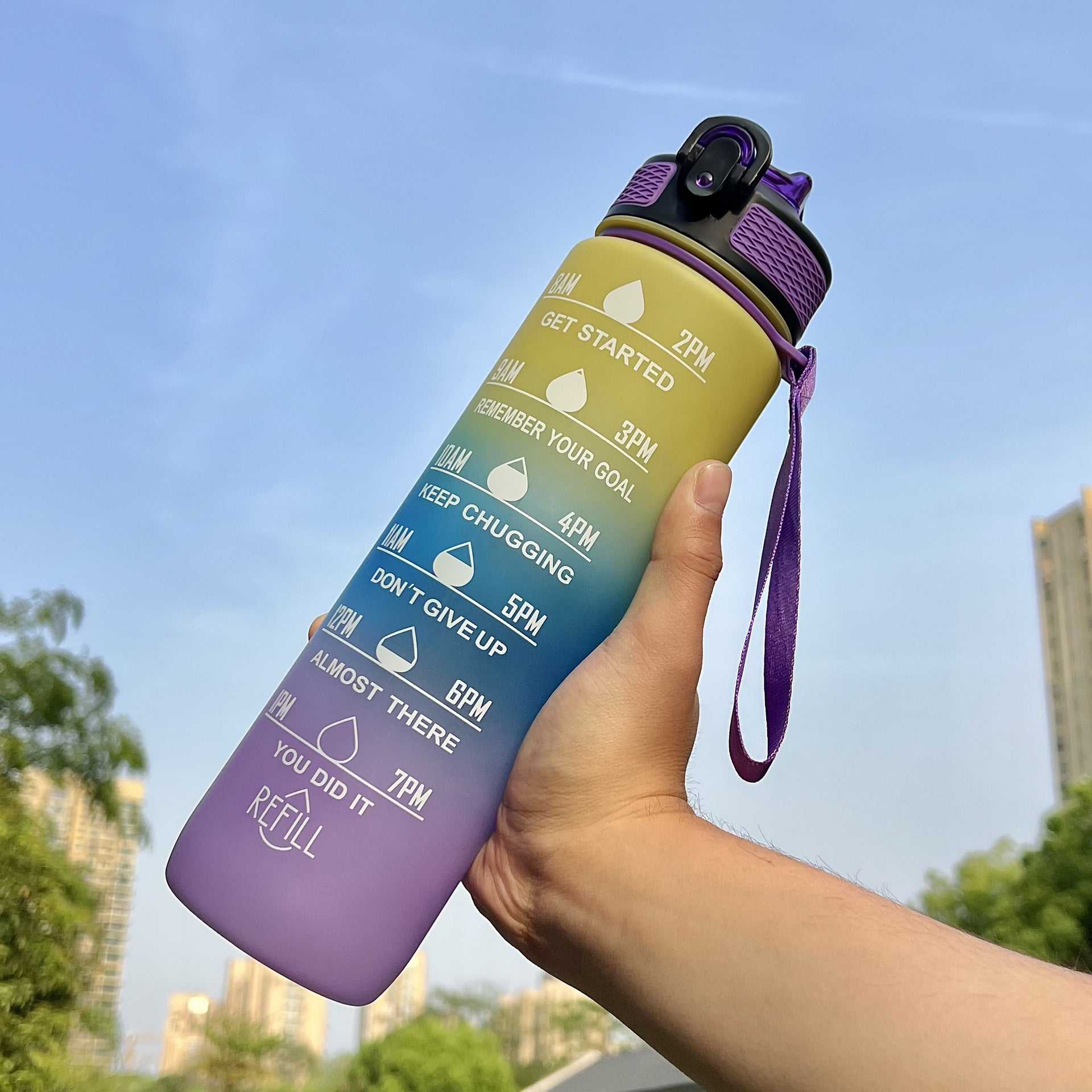 Gradient Water Bottle with Straw and Carry Strap Lotus Rain